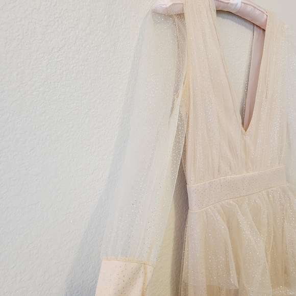 Long Sleeve Plunge Neckline Formal Gown - Nude/Glitter - M - Picture 9 of 16